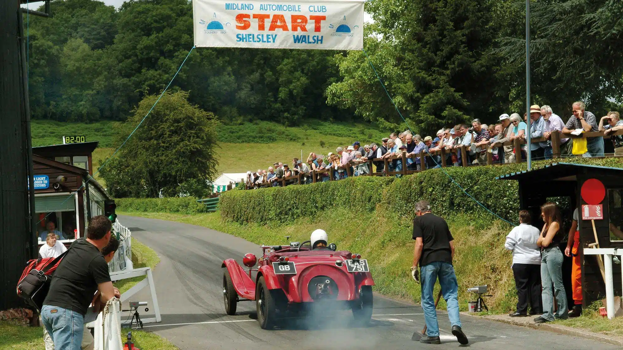 Vintage sports car leaving the start line at Shelsley Walsh