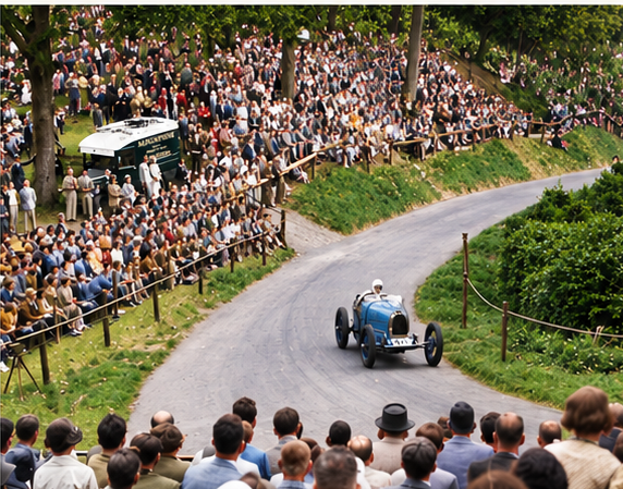 Historic Shelsley Walsh hill climb with crowds watching a French racing blue Bugatti